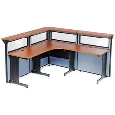 an office cubicle with two separate desks and one privacy divider, on white background