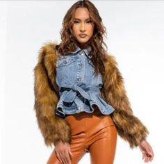 Cute Faux Fur Sleeve, Ruffled Waist W/ Belt Button Up Denim Jacket Long Sleeve Denim Jacket With Faux Fur Lining, Denim Jacket With Faux Fur Lining And Long Sleeves, Denim Outerwear With Faux Fur Trim, Denim Jacket With Faux Fur Lining, Trendy Denim Outerwear With Faux Fur Trim, Fall Denim Jacket With Faux Fur Lining, Fall Denim Outerwear With Faux Fur Trim, Fall Denim Jacket With Faux Fur Trim, Denim Outerwear With Faux Fur Trim For Fall