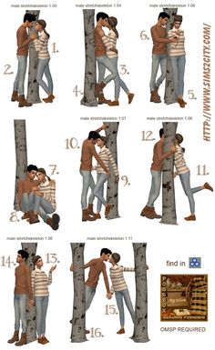 a couple is hugging each other in front of a tree with numbers on the bark