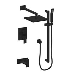 a black shower faucet with thermostaer and hand shower head