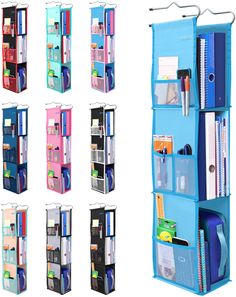 several different types of office folders and binders hanging on a wall in various colors