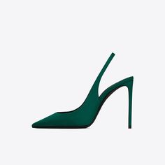 Step into sophistication with these elegant green satin slingback pumps. Featuring a pointy toe and stiletto heel, they add a touch of glamour to any outfit. Color: Green Material: Satin Heel Type: Stiletto heel Heel height: 4.1" / 105 mm approx Product measurements were taken using size 8. Please note that measurements may vary by size. Toe: Pointed toe The green satin pointed-toe pumps with elasticized slingback strap, covered stiletto heel, and a low-cut instep. Handcrafted US sizing. Fits true to size. Green Open Heel Evening Heels, Green Slingback Pumps With Sculpted Heel For Party, Green Slingback Pumps With 4-inch Heel For Evening, Chic Green Slingback Pumps With Sculpted Heel, Green Slingback Pumps With Sculpted Heel For Summer, Green 4-inch Heels For Night Out, Green High Heel Slingback Pumps For Spring, Green Slingback Pumps With Open Heel, Green Ankle Strap Slingback Pumps For Party