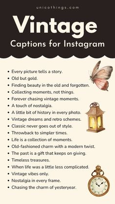 a poster with an image of a clock and a butterfly on it that says vintage captions for instagram