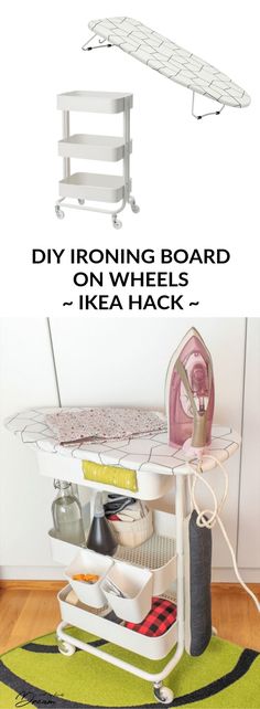 an ironing board on wheels with the words diy ironing board on it