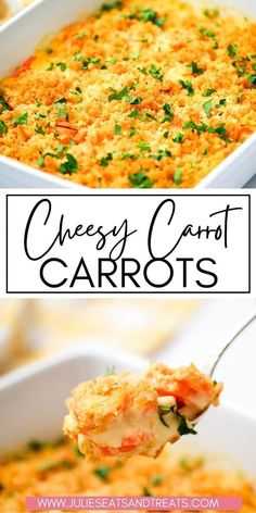 a spoon full of cheesy carrot casserole with the title above it