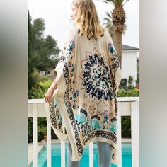 Breezy Mandala And Floral Motif With Border Outline Kimono With Side Slits *100% Viscose *Approx. L 37.5" X W 39" *Imported Beige Floral Print Beach Kimono, Bohemian Beige Kaftan For Spring, Beige Bohemian Kaftan For Spring, Spring Bohemian Beige Kaftan, Beige Bohemian Kimono For Vacation, Bohemian Beige Kimono For Vacation, Beige Kimono For Vacation In Spring, Beige Kimono For Spring Vacation, Beige One-size Kimono For Summer