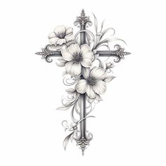 a cross with flowers on it and an ornate border around the cross is drawn by hand