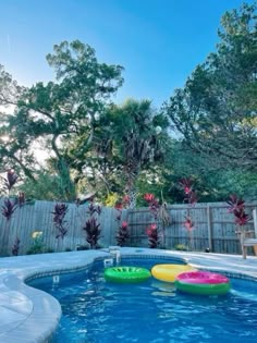 an inflatable pool is surrounded by trees and shrubs, with two floating toys