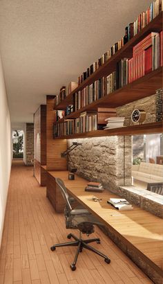 an office with a desk, bookshelf and chair in it's center