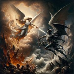 Angels Vs Demons Art, Arch Angels Pictures, Angel Vs Demon Art, Heaven Vs Hell Tattoo, Angel Vs Demon Tattoo, Angels And Demons Tattoo, Heaven And Hell Tattoo, Angel Vs Demon, Half Angel Half Demon