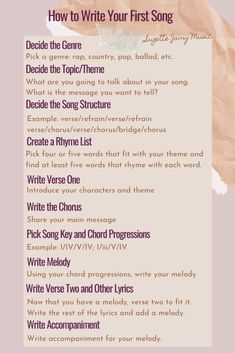 a poster with the words how to write your first song in it's center