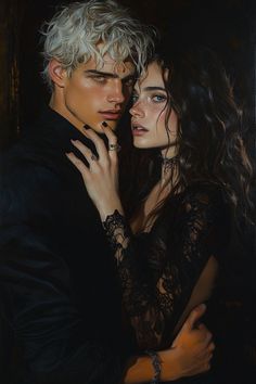 a painting of a man and woman embracing each other in front of a dark background