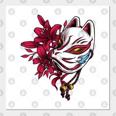 a white mask with red flowers in the middle and yellow eyes on it's face