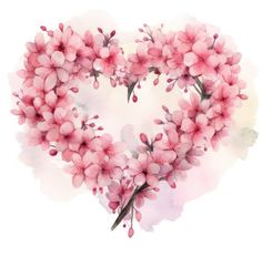 watercolor painting of pink flowers in the shape of a heart on a white background