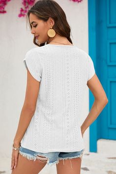 Features: Eyelet Sheer: Opaque Stretch: Slightly stretchy Material composition: 65% rayon, 30% polyester, 5% spandex Care instructions: Machine wash cold. Tumble dry low. Imported Product measurements:S:Top Length 25.98 in, Sleeve Length 3.54 in, Bust 36.61 inM:Top Length 26.38 in, Sleeve Length 3.54 in, Bust 38.58 inL:Top Length 26.77 in, Sleeve Length 3.54 in, Bust 40.55 inXL:Top Length 27.17 in, Sleeve Length 3.94 in, Bust 43.70 in2XL:Top Length 27.56 in, Sleeve Length 3.94 in, Bust 46.85 in Casual White T-shirt With Cap Sleeves, White Cap Sleeve Top For Spring, Casual White Cap Sleeve Tops, Casual Cap Sleeve Tops, White Stretch Crew Neck Knit Top, White Cap Sleeve T-shirt, Solid Color Cap Sleeve Tops For Summer, Casual White Stretch Knit Top, Sweaters Knitwear