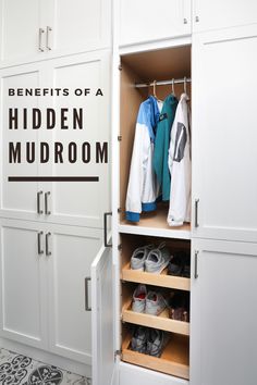 an open closet with shoes and jackets on the bottom shelf that says benefits of a hidden mudroom