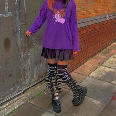 Goth Outfits Purple, Purple Jumper Outfit, Long Sleeve Tshirt Outfit, Platform Demonia, Hello Kitty Skeleton, 100 Gecs, Jumper Outfit