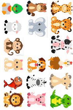 many different types of cartoon animals on a white background