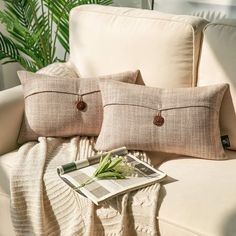 two pillows sitting on top of a white couch next to a book and potted plant