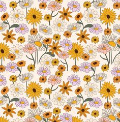 an abstract floral pattern with yellow, pink and white daisies on a cream background