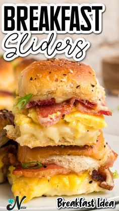 breakfast sliders stacked on top of each other with the words breakfast sliders above them