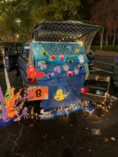 the back of a truck with decorations on it