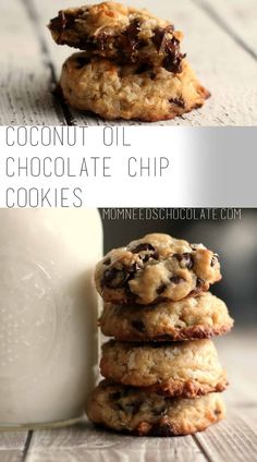 chocolate chip cookies stacked on top of each other next to a bottle of milk and glass of milk