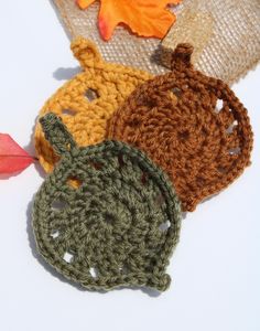 These coasters are perfect for your favorite warm beverages like tea, hot apple cider, and hot cocoa! Yellow coasters are slightly larger to accommodate larger mugs. Just be sure to avoid excessive heat! Crochet Leaf Coasters, Leaf Coasters, Crochet Leaf, Hot Apple Cider, Crochet Leaves, Crochet Art, Hot Cocoa, Apple Cider, Fiber Art