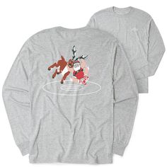 a long sleeved shirt with an image of two reindeers on the ice skating rink