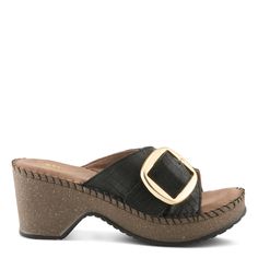 SPRING STEP Style: NIENNA Elevate your style and comfort with our demi wedge slip-on, featuring a sumptuous suede footbed, a striking large buckle detail, and a choice of luxurious leather uppers. Upper: Leather Lining: Leather Insole: Suede Outsole: Polyurethane Closure: Slide Heel Height: 2 3/4" Platform Height: 1" Features: - Memory Foam - Fit Recommendation: Fits true to size - The suede ultra-comfortable footbed offers unparalleled cushioning and support for all-day wear. - A prominent large buckle detail adds a touch of sophistication and serves as a stylish focal point. - Choose from a variety of leather uppers, allowing you to tailor the slip-on to your unique style preferences, from classic to contemporary. Made in India Chic Platform Slippers With Leather Footbed, Black Suede Footbed Sandals For Summer, Leather Platform Slippers With Round Toe And Buckle Closure, Leather Platform Slippers With Buckle Closure, Black Slip-on Wedge Sandals With Buckle, Leather Slip-on Wedge Sandals With Buckle Closure, Chic Wedge Heel Clogs With Buckle Closure, Leather Wedge Heel Mules With Buckle Closure, Leather Mules With Buckle Closure And Wedge Heel