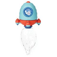 a blue and red toy with water coming out of it's mouth, sitting on top of a white surface