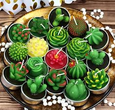 cupcakes decorated with cactus and succulents on a plate