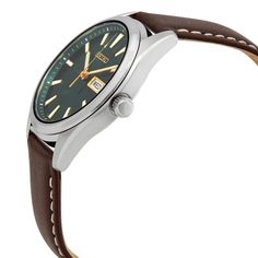 Stainless steel case with a brown leather strap. Fixed stainless steel bezel. Green dial with luminous gold-tone hands and index hour markers. Minute markers around the outer rim. Dial Type: Analog. Luminescent hands and markers. Day of the week and date display at the 3 o'clock position. Quartz movement. Scratch resistant sapphire crystal. Pull / push crown. Solid case back. Round case shape. Case size: 40.2 mm. Case thickness: 8.4 mm. Band width: 20 mm. Tang clasp. Water resistant at 100 meter Leather Chronograph Watch, Leather Chronograph Round Watch, Brown Analog Display Watch With Round Dial, Brown Analog Display Watches, Leather Analog Round Watch, Leather Analog Watch, Green Leather Analog Watch, Brown Round Watch With Subdials, Brown Watch With Subdials