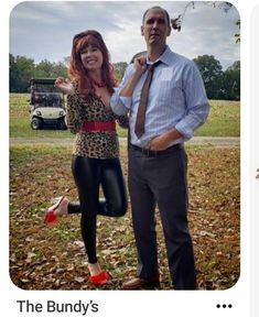 a man and woman standing next to each other in front of a golf cart with the caption, the bundy's