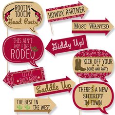 10-Piece Funny Little Cowboy Photo Booth Props Kit INCLUDES 10 Western arrow and speech bubble photo booth props, 10 sticks and adhesives for assembly. EASY ASSEMBLY: Simply attach the printed DIY photo booth props to the sticks with included adhesive and reinforcing stickers. PERFECT FOR ANY CROWD! Photo booth props are fun baby shower or birthday party supplies for adults and kids - everyone will love the funny sayings on these Little Cowboy - Western photo booth props. Take entertaining and s Baby Shower Photo Booth Props, Birthday Party Photo Booth, Funny Photo Booth, Diy Photo Booth Props, Party Photo Booth Props, Rodeo Party, Cowboy Baby Shower