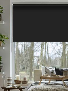 a living room with a large window covered in black roller shades and plants on the windowsill