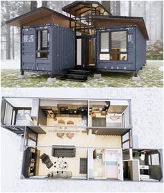 two pictures showing the inside and outside of a house made out of shipping containers,