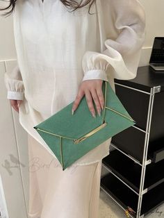 Bird in Bag - Metal-Coated Decorative Envelope Clutch Elegant Green Envelope Clutch, Geometric Type, Envelope Bag, Envelope Clutch, Bird In Bag, Green Bag, Pu Leather, Envelope, Lingerie