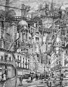 a black and white drawing of a city