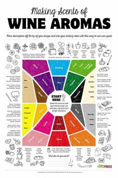 a poster with the words making sense of wine aromas in different colors and sizes