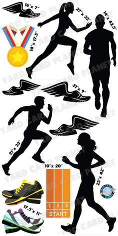 the silhouettes of runners and their medals are shown in this graphic art workbook