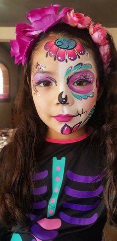 Sugar Skull Kids Makeup, Kids Catrina Makeup, Day Of The Dead Face Paint Simple, Dia De Los Muertos Face Paint Ideas Easy, Day Of The Dead Face Paint Kids, Kids Day Of The Dead Makeup, Day Of The Dead Makeup Kids, Coco Face Paint, Catrina Makeup Kids