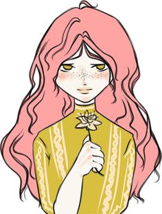 a drawing of a girl with pink hair holding a flower in one hand and looking at the camera