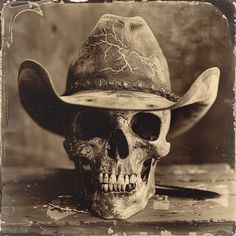 an old photo of a skull wearing a cowboy hat