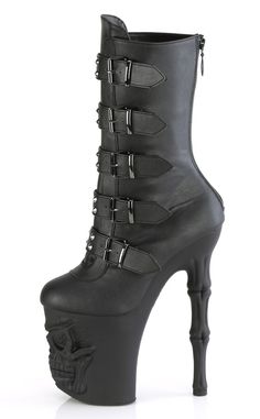 Become yer own reaper in the RAPTURE-1052BK boots! These boots feature a black matte upper that secures with 5 studded buckles and a rear zip. The platforms are the real showstopper, featuring a grinning skull and fingerbone heel in a matte black finish. An absolute must for deadly dancing! The RAPTURE series features an 8" (200mm) heel and a 4" (100mm) platform. Material: 100% vegan PU. US women's sizing-refer to size chart for more info. Gothic Faux Leather Boots For Halloween, Gothic Faux Leather Halloween Boots, Gothic Black Boots With Spikes, Black Platform Moto Boots For Halloween, Gothic Faux Leather Platform Boots For Alternative Fashion, Gothic Faux Leather Boots For Alternative Fashion, Gothic Black Spiked Platform Boots, Gothic Black Platform Boots With Spikes, Black Boots With Spikes For Halloween