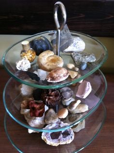 three tiered glass plate with seashells and rocks in it on a wooden table