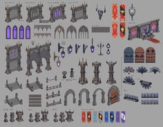 a bunch of different types and shapes of medieval architecture, including towers, gates, windows, and arches