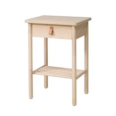 a small wooden table with a drawer on the bottom and one shelf below it,