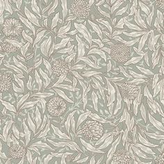 a floral wallpaper pattern with leaves and flowers on grey background, suitable for use in interior design