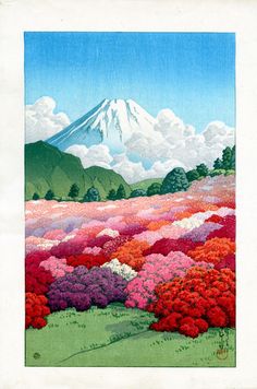 a painting of a mountain with flowers in the foreground and clouds in the background